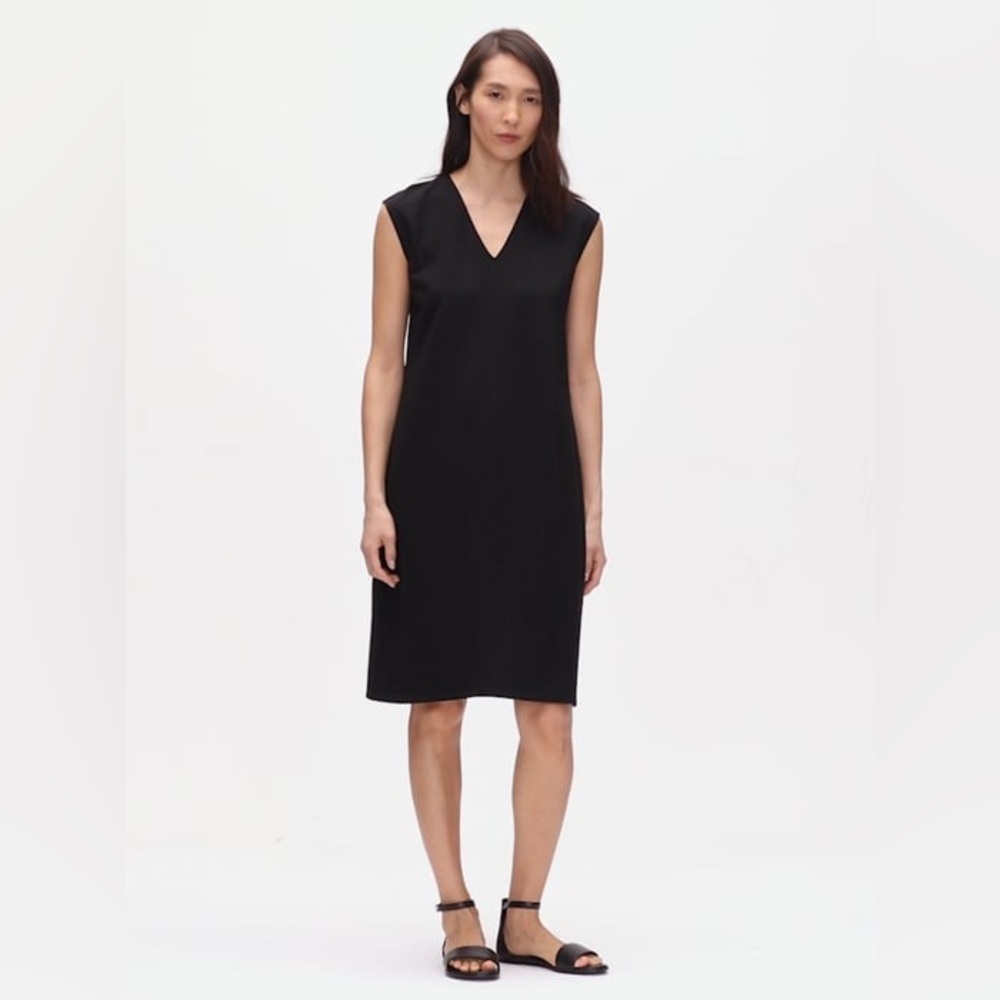 Eileen Fisher Black Flex Tencel Ponte V Neck Dress size XXS